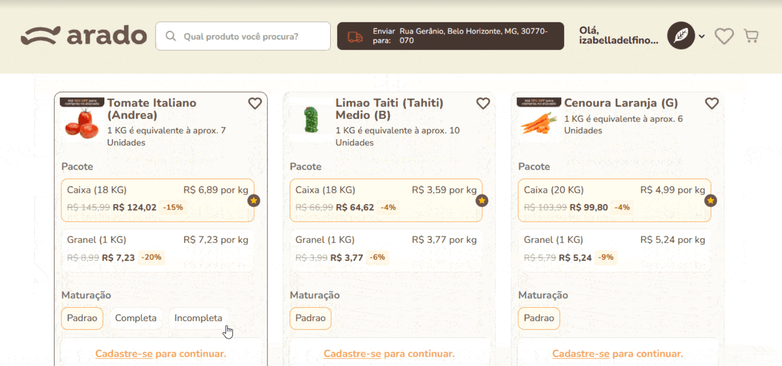 tela com vitrine da arado e suas principais funcionalidades