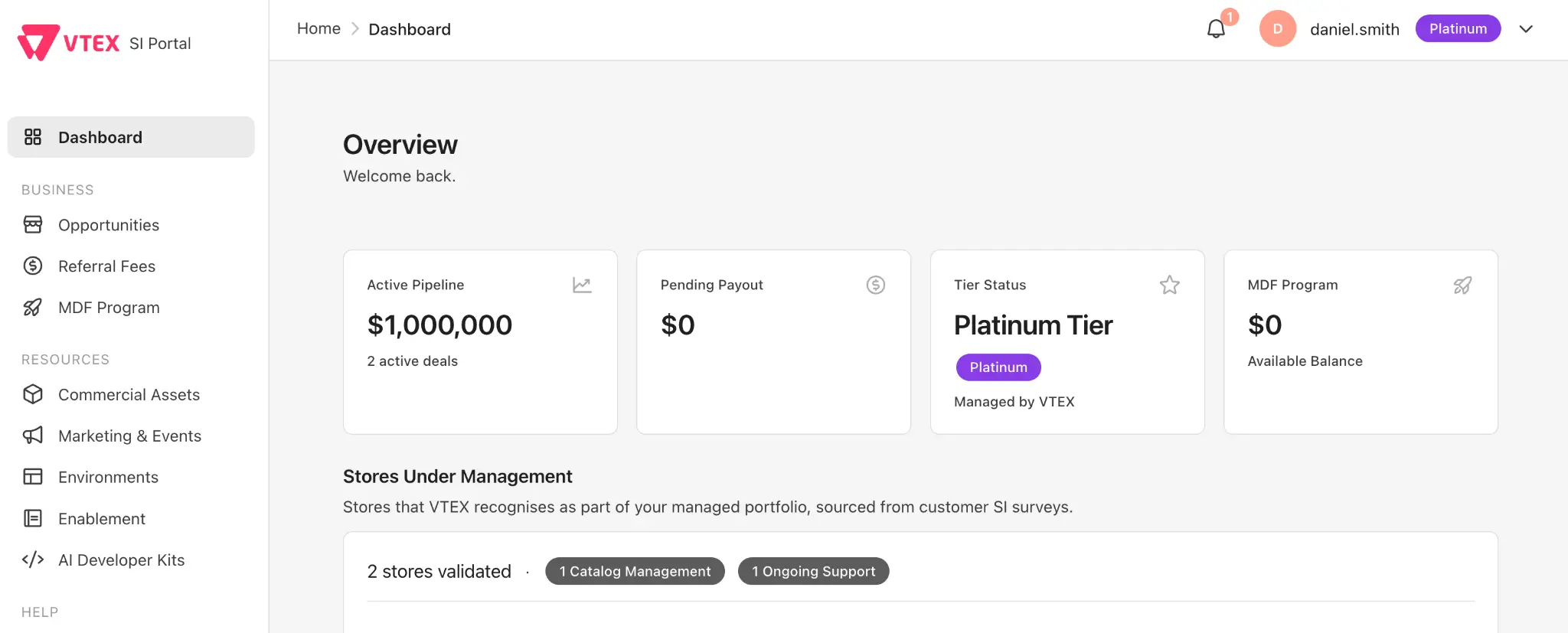 VTEX System Integrator Portal dashboard