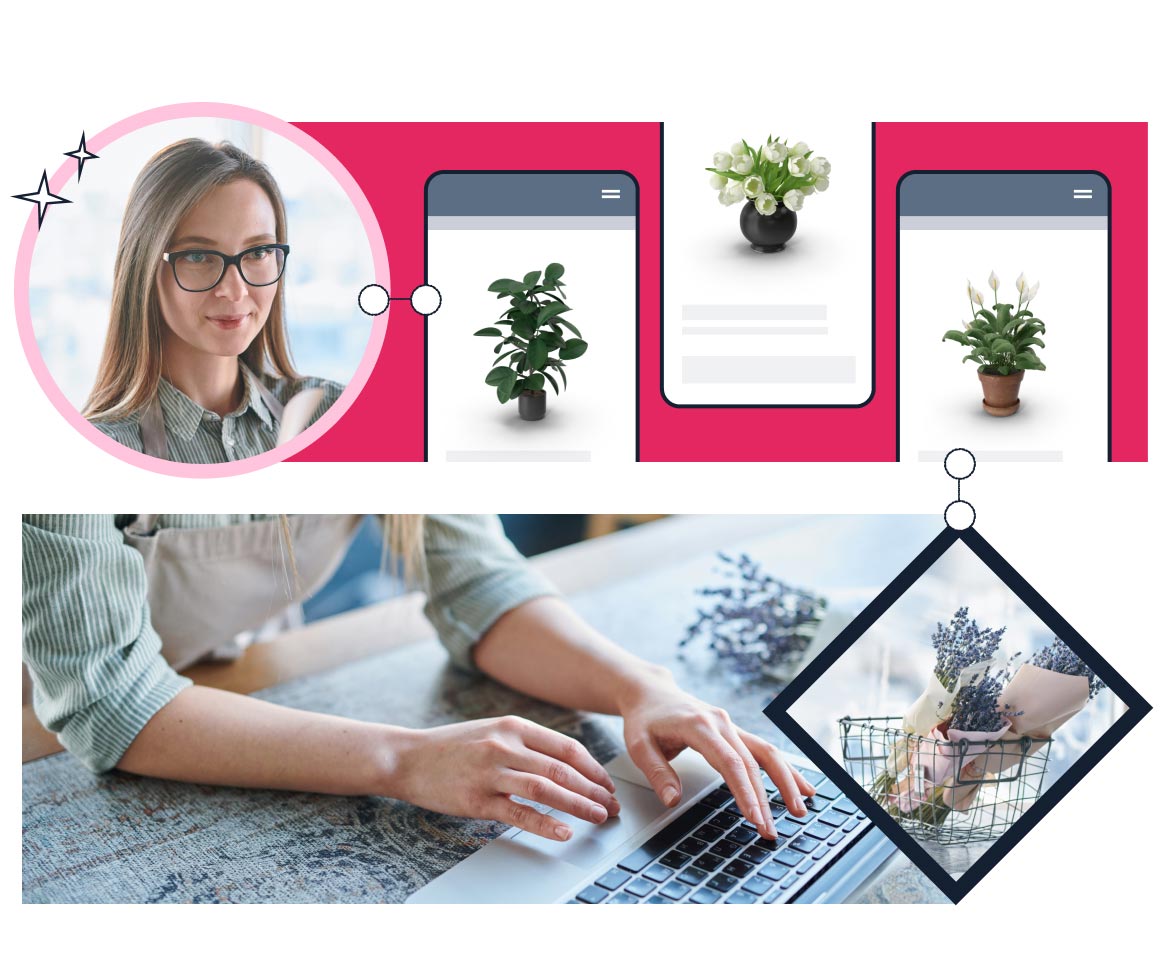 A young blonde woman using her laptop and mobile to shop online for plants and flowers